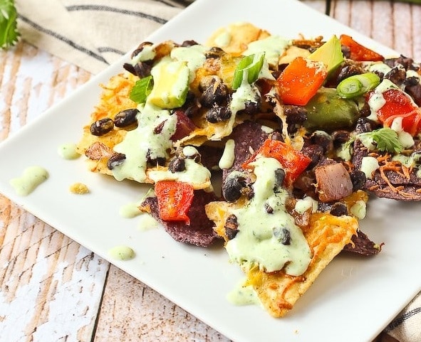 vegetarian nachos with Greek yogurt lime drizzle