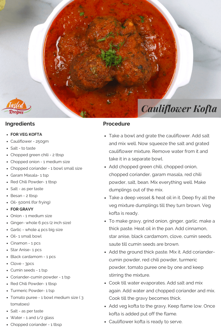 cauliflower kofta recipe card