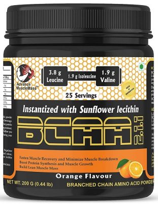 Advance MuscleMass BCAA 2 1 1 Energy drink for Workout 7.6 G BCAA 3.8 G Leucine 1.9 G Iso-Leucine 1.9 G Valine Instantized with Sunflower Lecithin Orange Flavour 200 GM 0.44 lb
