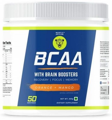 Muscle Asylum BCAA - (50 Servings, Orange Mango) with BRAIN BOOSTERS -100% Micronized Vegan, Recovery, Memory, Focus