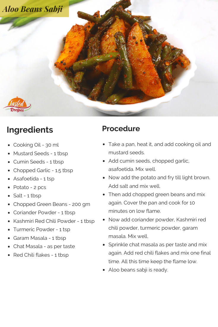 masala aloo green beans sabji recipe card