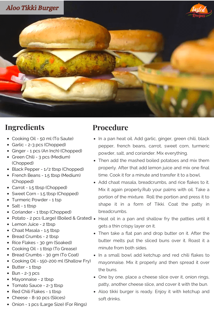 Aloo Tikki Burger Recipe Card
