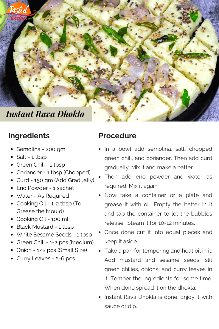 Instant Rava Dhokla Recipe Card