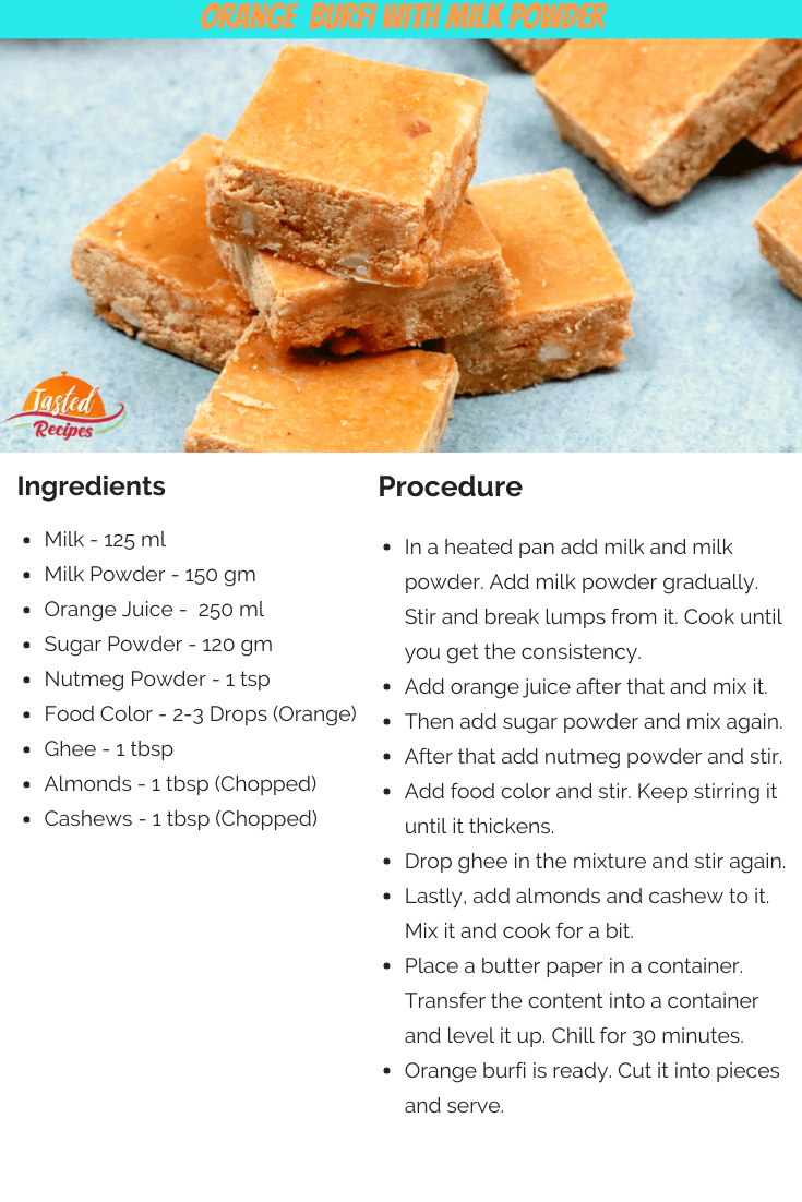 Orange Burfi With Milk Powder Recipe Card