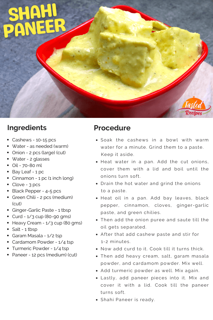 Shahi Paneer Recipe Card
