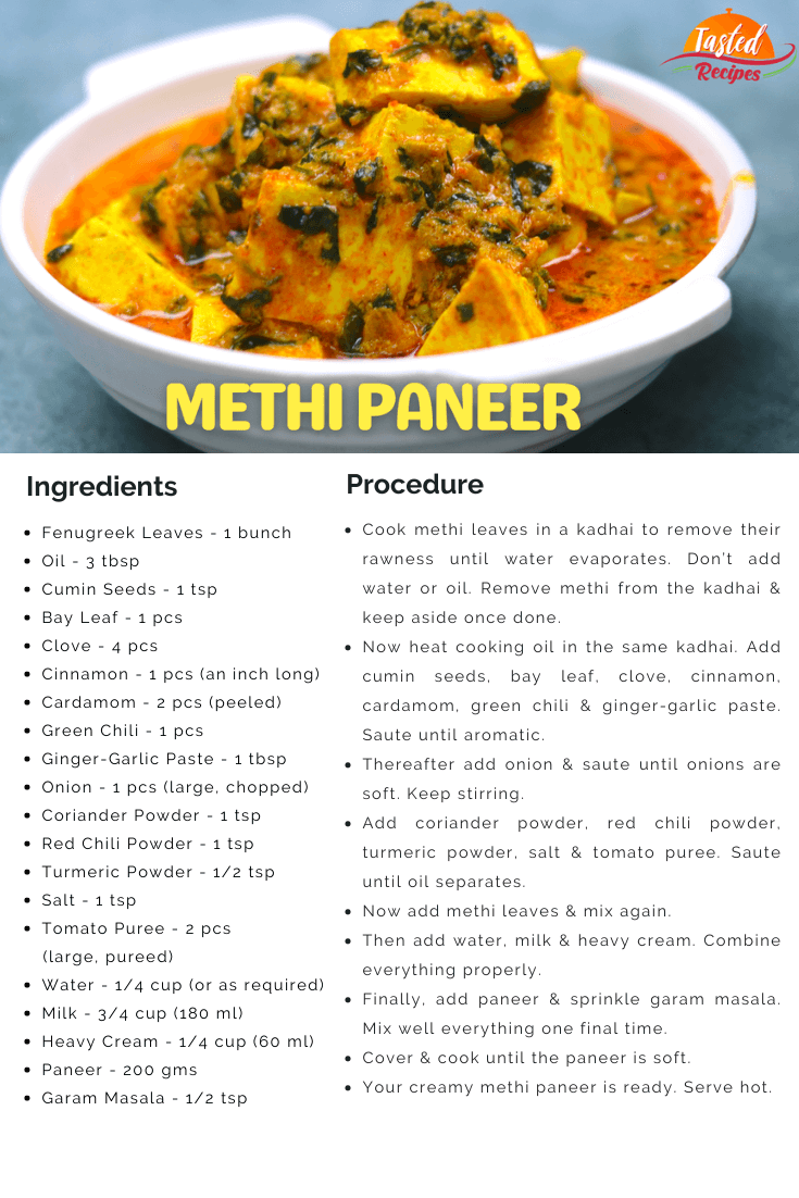 Methi Paneer Recipe Card