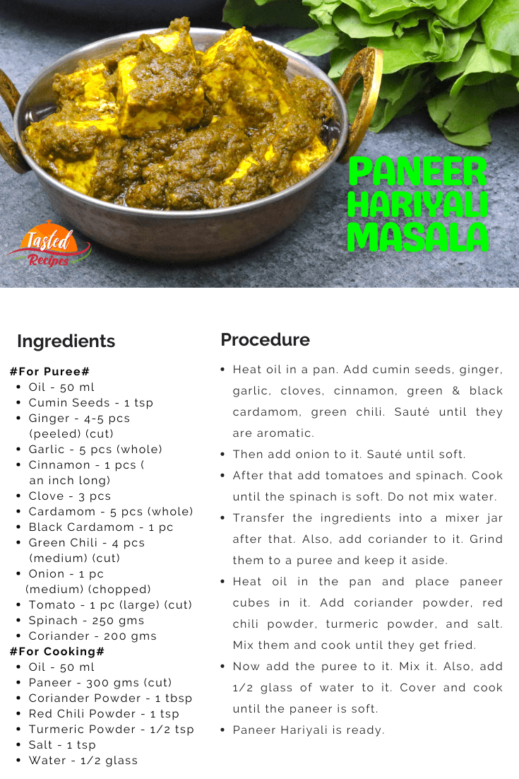 Paneer Hariyali Masala Recipe Card