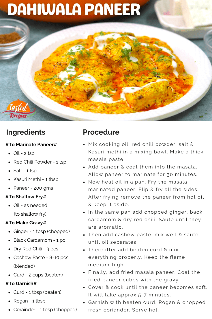 Dahiwala Paneer Recipe Card