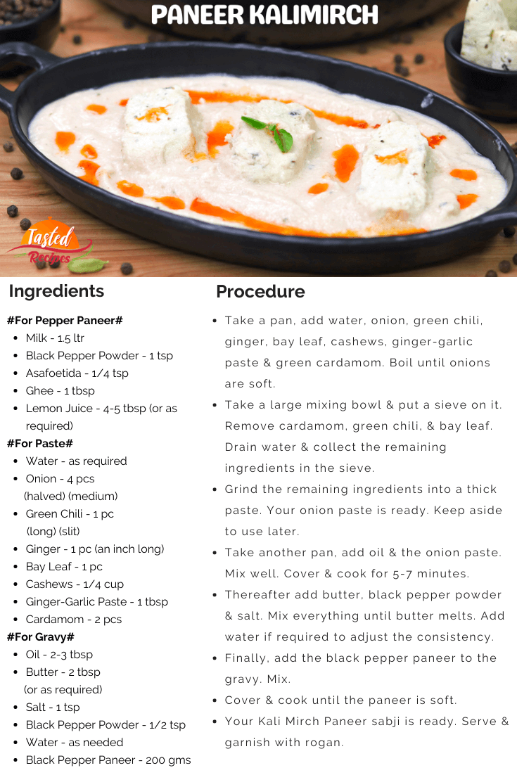 Paneer Kali Mirch Recipe Card