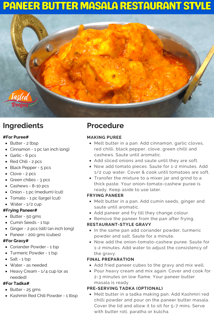 Paneer Butter Masala Restaurant Style Recipe Card