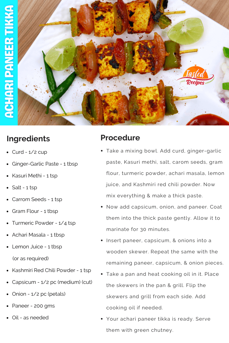 Achari Paneer Tikka Recipe Card