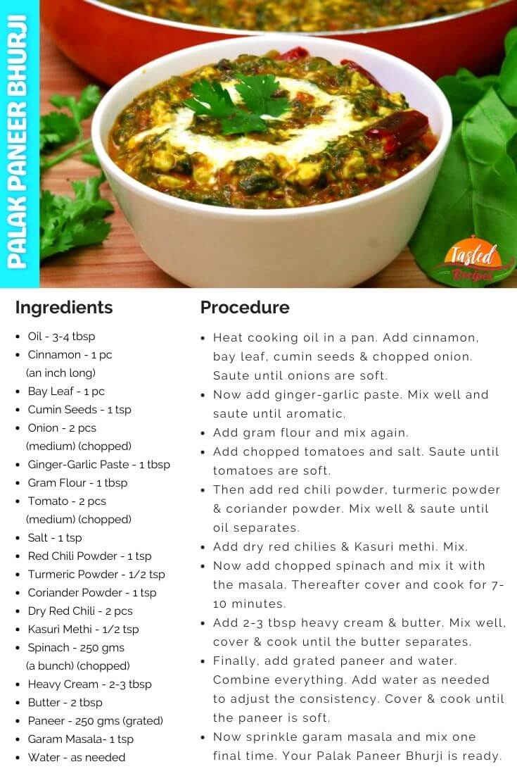 Palak Paneer Bhurji Recipe Card