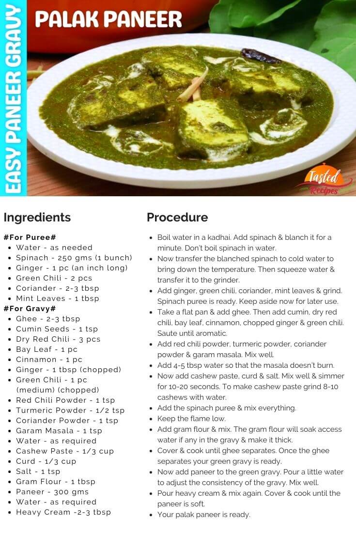 Palak Paneer Recipe Card