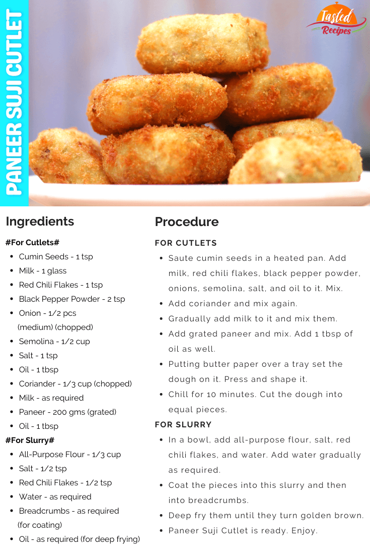 Paneer Suji Cutlet Recipe Card